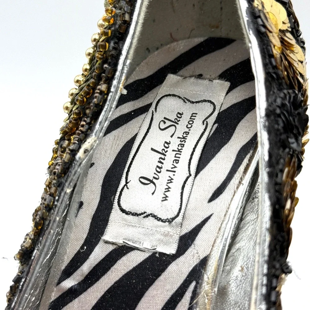 Ivanka Ska Sequin Beaded Platform Pumps Gold Black Zebra Print Heel 5.5 In 8/8.5